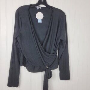 NWT Women's White Birch Black Bell Sleeve Wrap Top, Poly/Spandex SZ Large